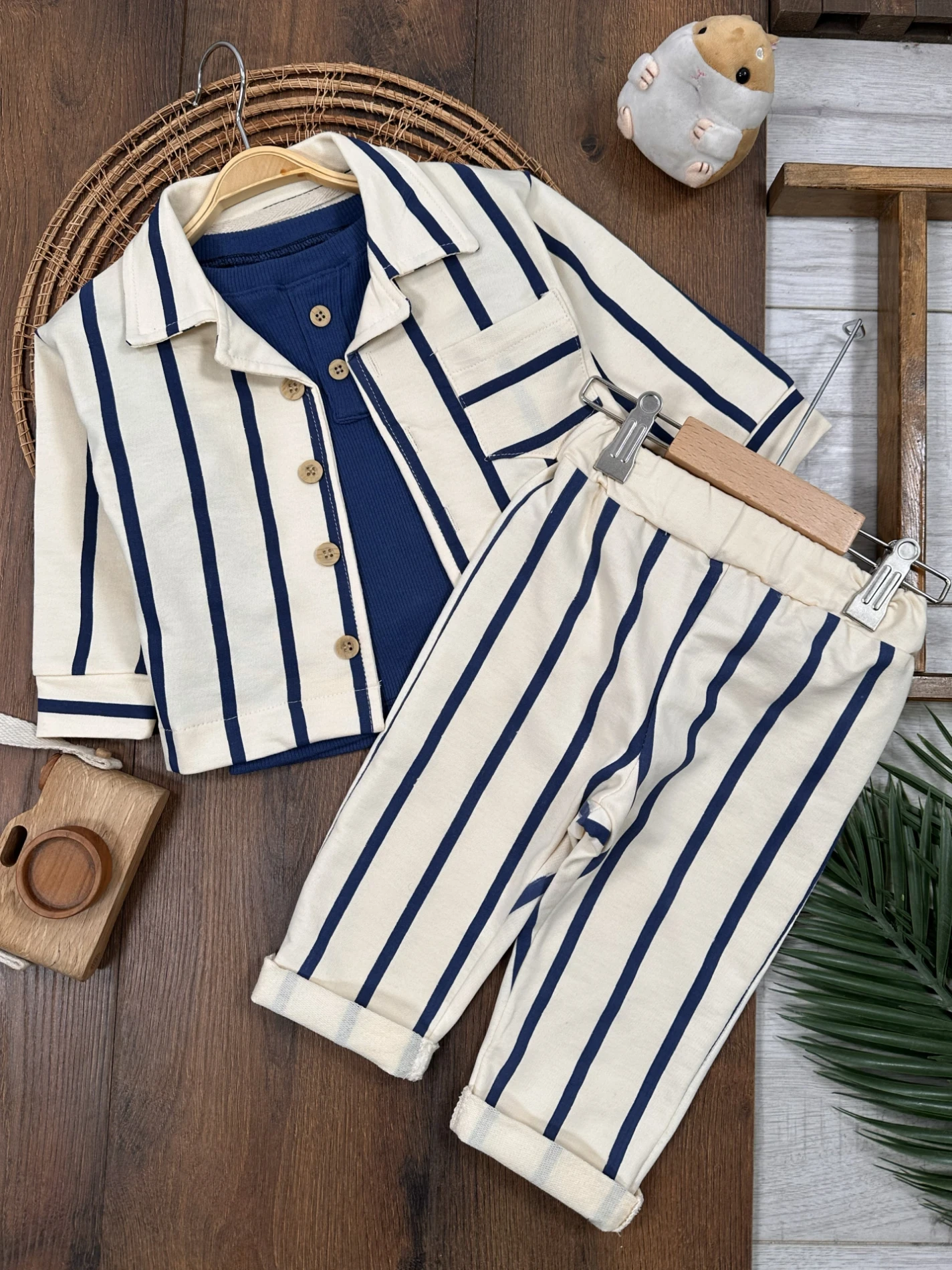 Cool Boy Çizgili Ceketli Bodyli 3’lü Takım