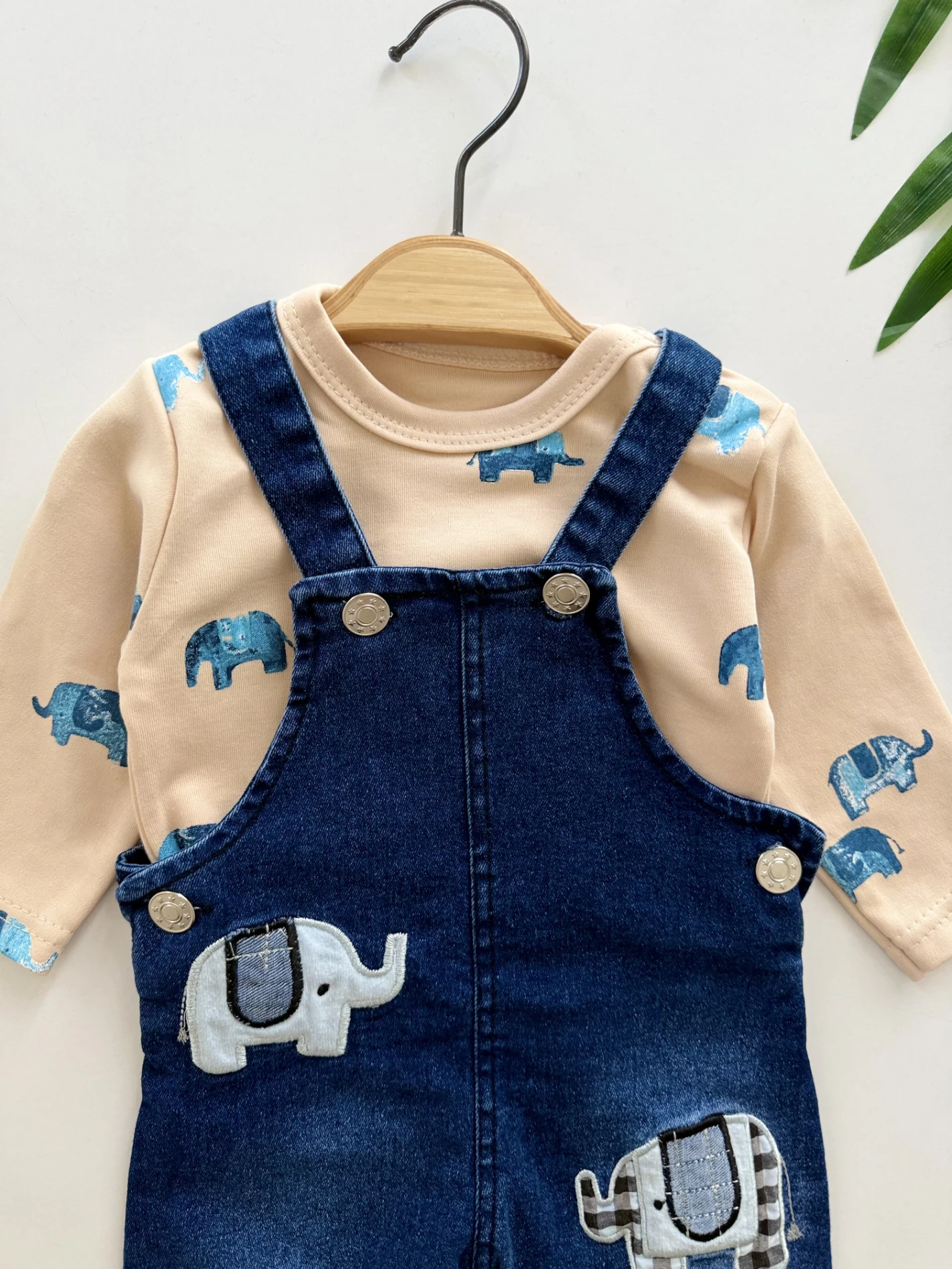 Fil Temalı Likralı Esnek Kot Kumaş Body Tulum Set