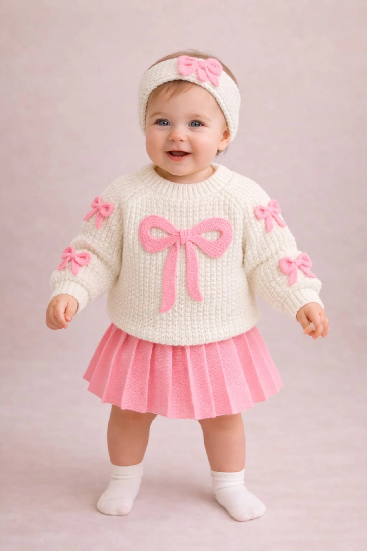 Selanik Örgüsü Kumaşlı Fiyonk Detaylı Triko Etekli 3’lü Takım(