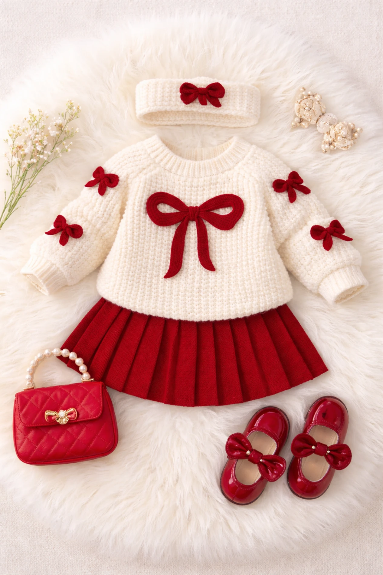 Selanik Örgüsü Kumaşlı Fiyonk Detaylı Triko Etekli 3’lü Takım