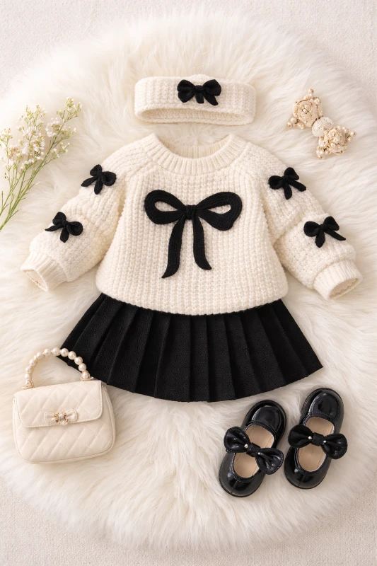 Selanik Örgüsü Kumaşlı Fiyonk Detaylı Triko Etekli 3’lü Takım