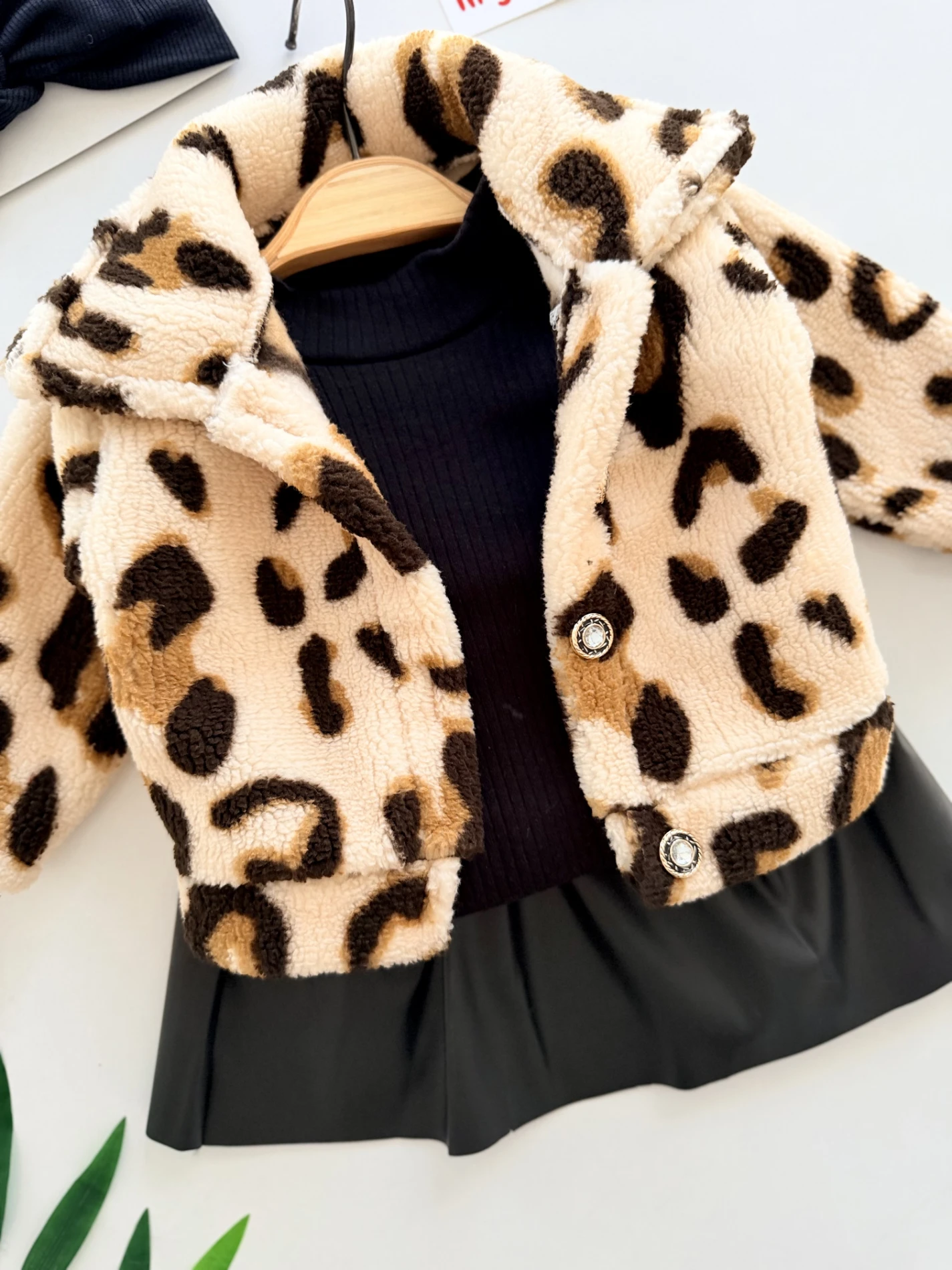 Deri Etekli Leopar Polar Montlu  Badili 3’lü Takım