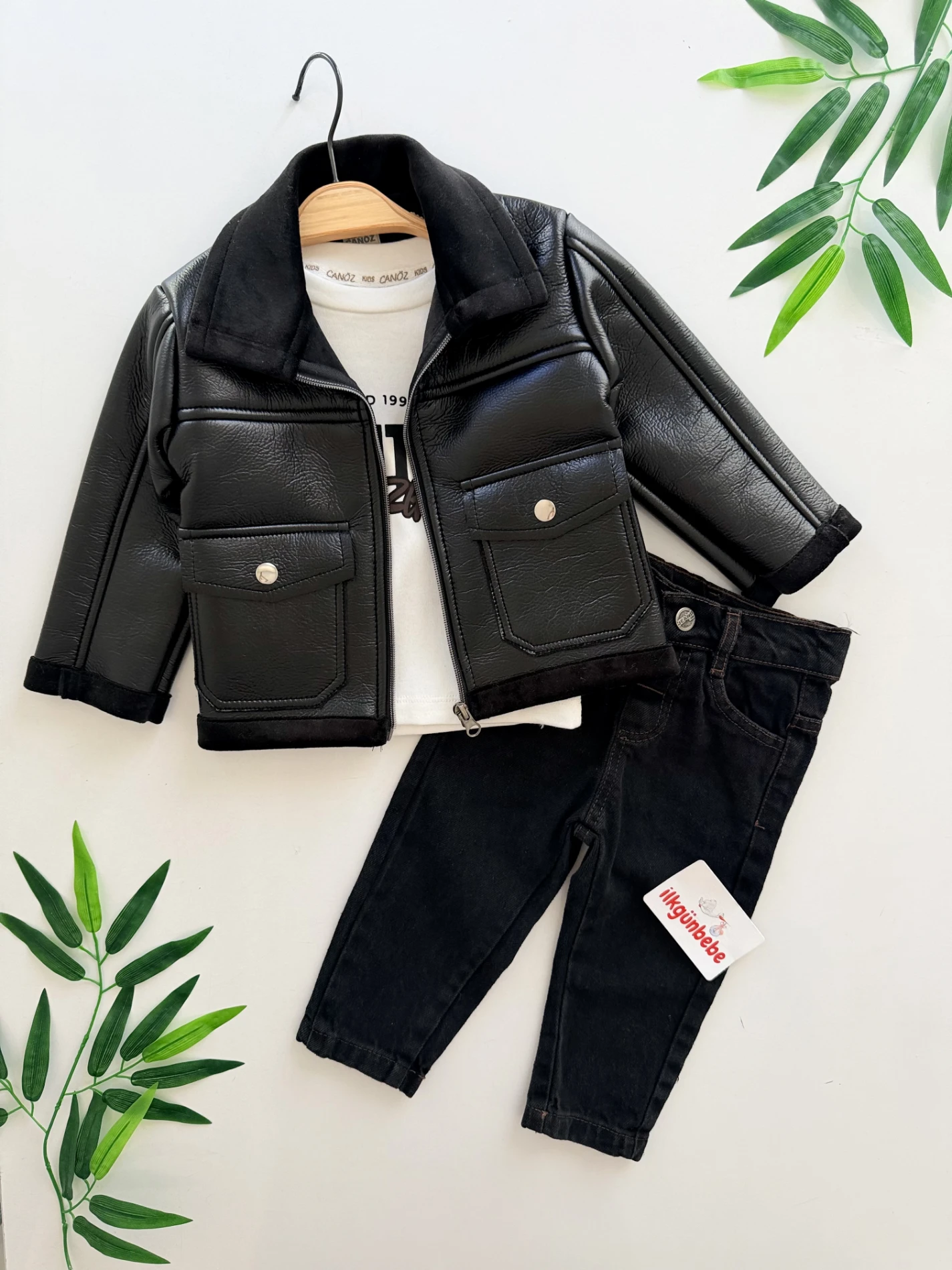 İçi Kadife Deri Ceketli Premium Kalite Kot Pantalonlu Bodyli Takım