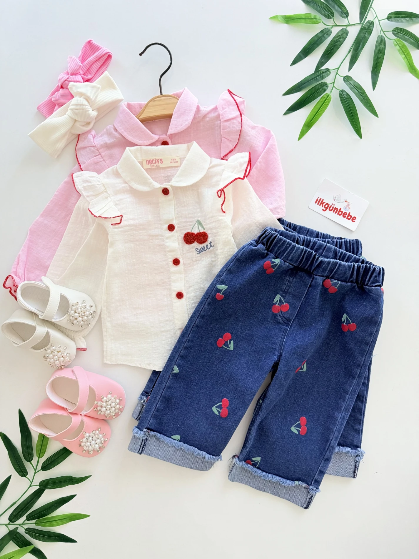 Kiraz Nakışlı Müslin Gömlekli Kiraz Desenli Pantalonlu Takım