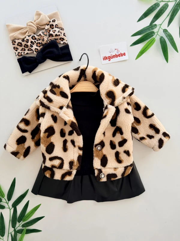 Deri Etekli Leopar Polar Montlu  Badili 3’lü Takım