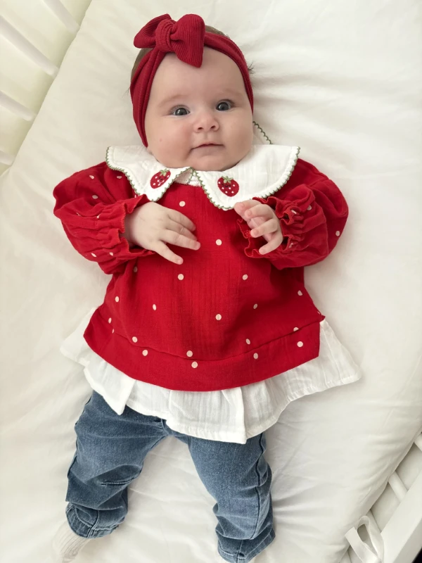 Çilek Yakalı Müslin Kumaş Sweatli Kot Pantalonlu Premium Kalite Takım
