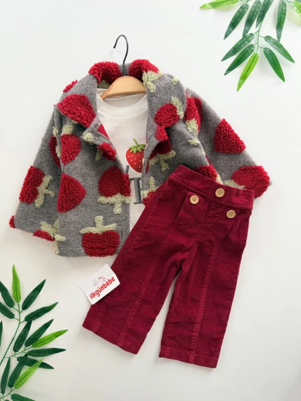 Çilek Peluş Montlu Kadife Pantalonlu Bodyli 3’lü Takım