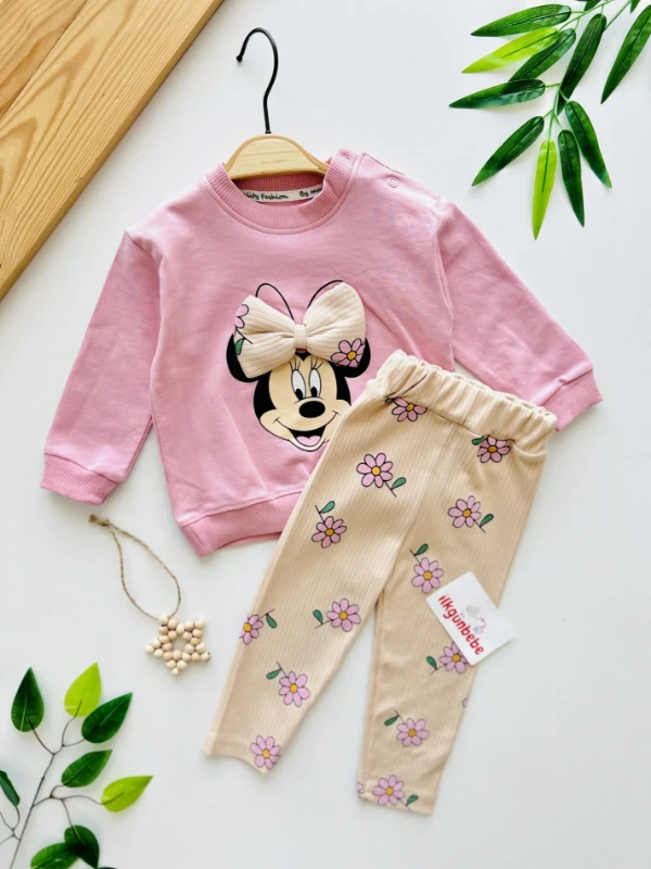 Minnie Mouse Fiyonk Detaylı %100 Pamuk Esnek Kumaş Taytlı 2’li Takım