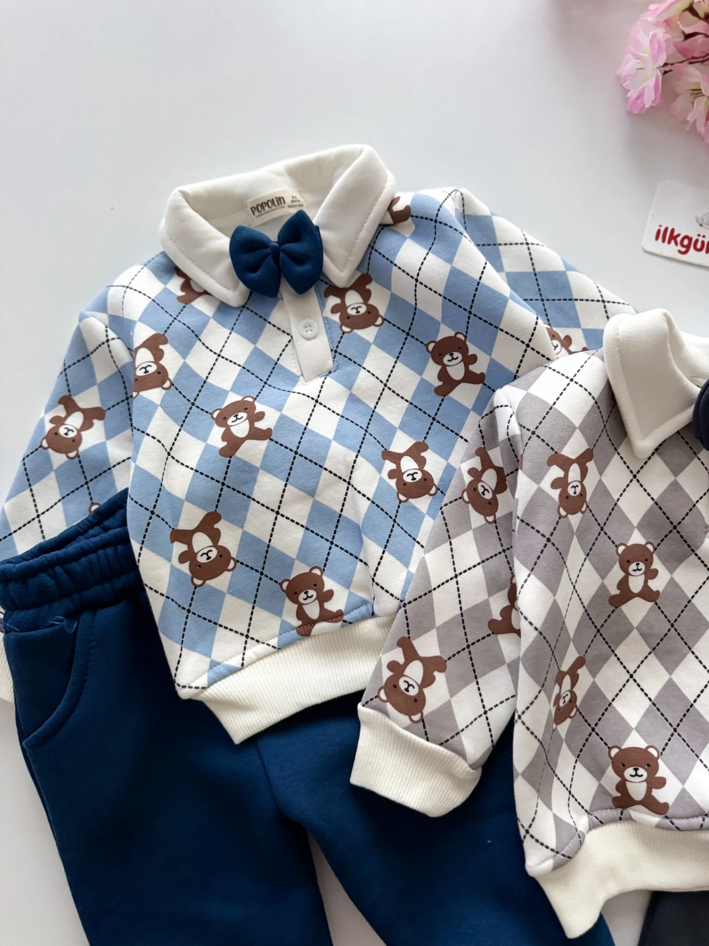 Papyonlu Teddy Bear Nakışlı Çizgili 3 İp Şardonlu Kışlık Takım