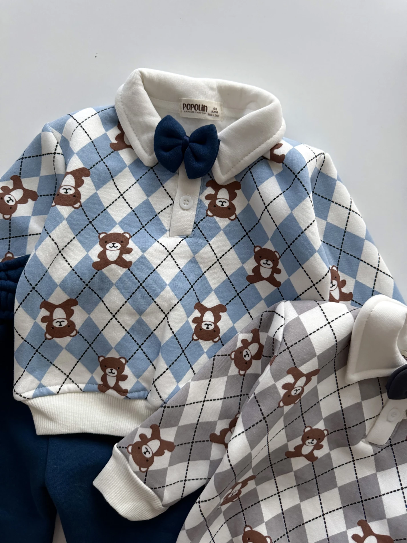Papyonlu Teddy Bear Nakışlı Çizgili 3 İp Şardonlu Kışlık Takım