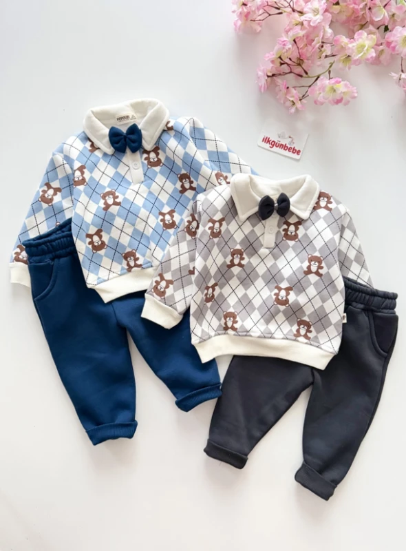 Papyonlu Teddy Bear Nakışlı Çizgili 3 İp Şardonlu Kışlık Takım