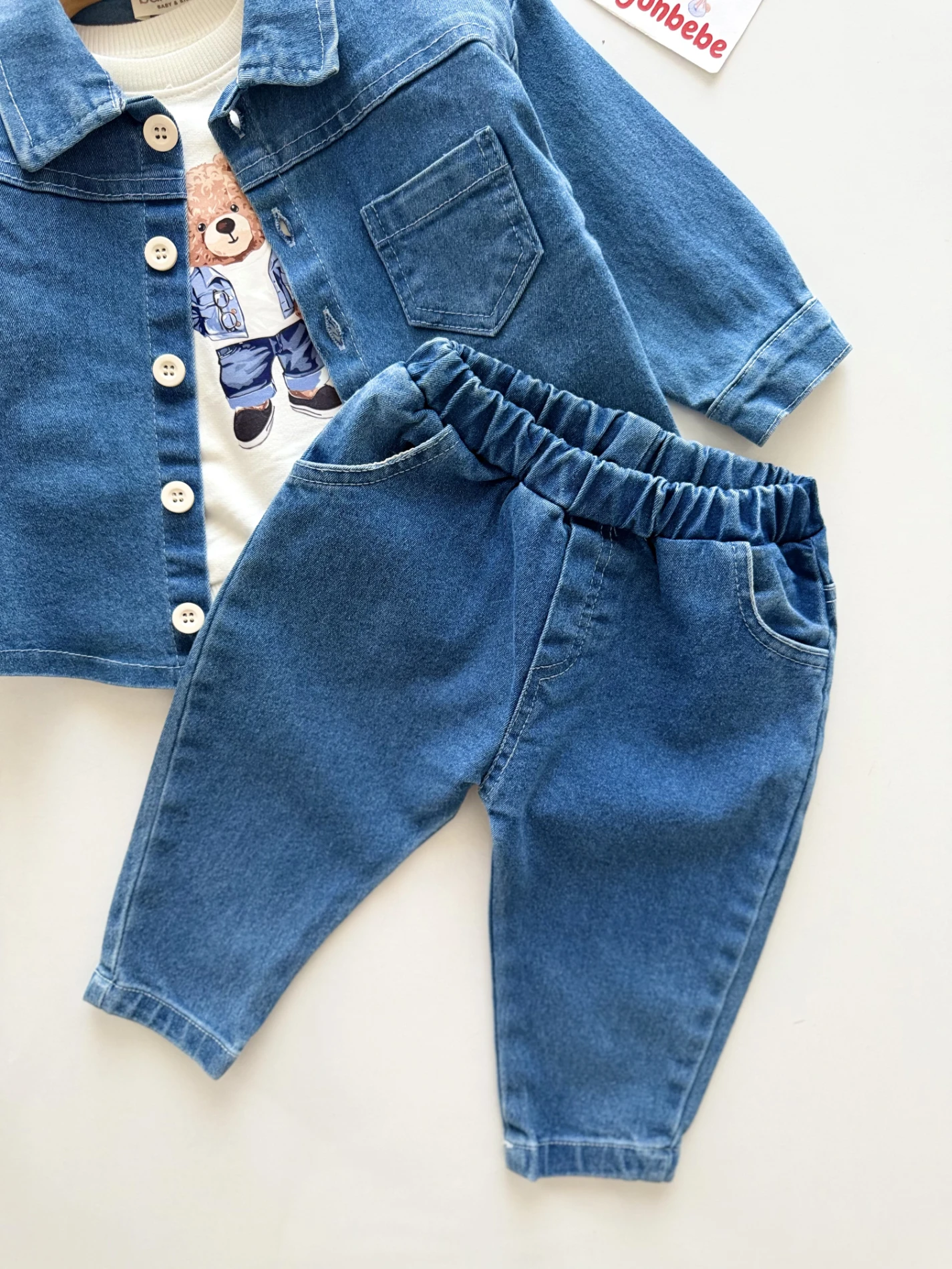 Teddy Sweatli Denim Kot Ceketli Pantalonlu 3’lü Takım
