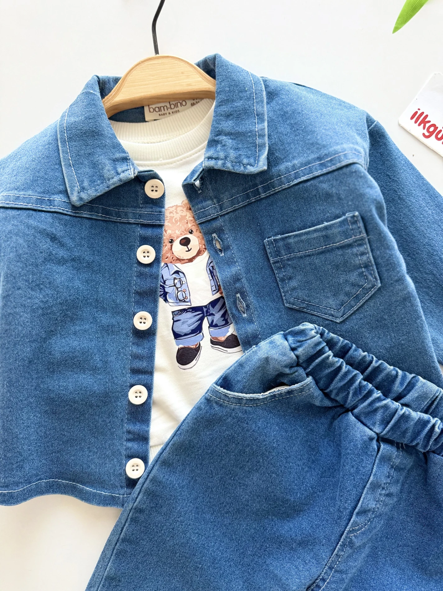Teddy Sweatli Denim Kot Ceketli Pantalonlu 3’lü Takım