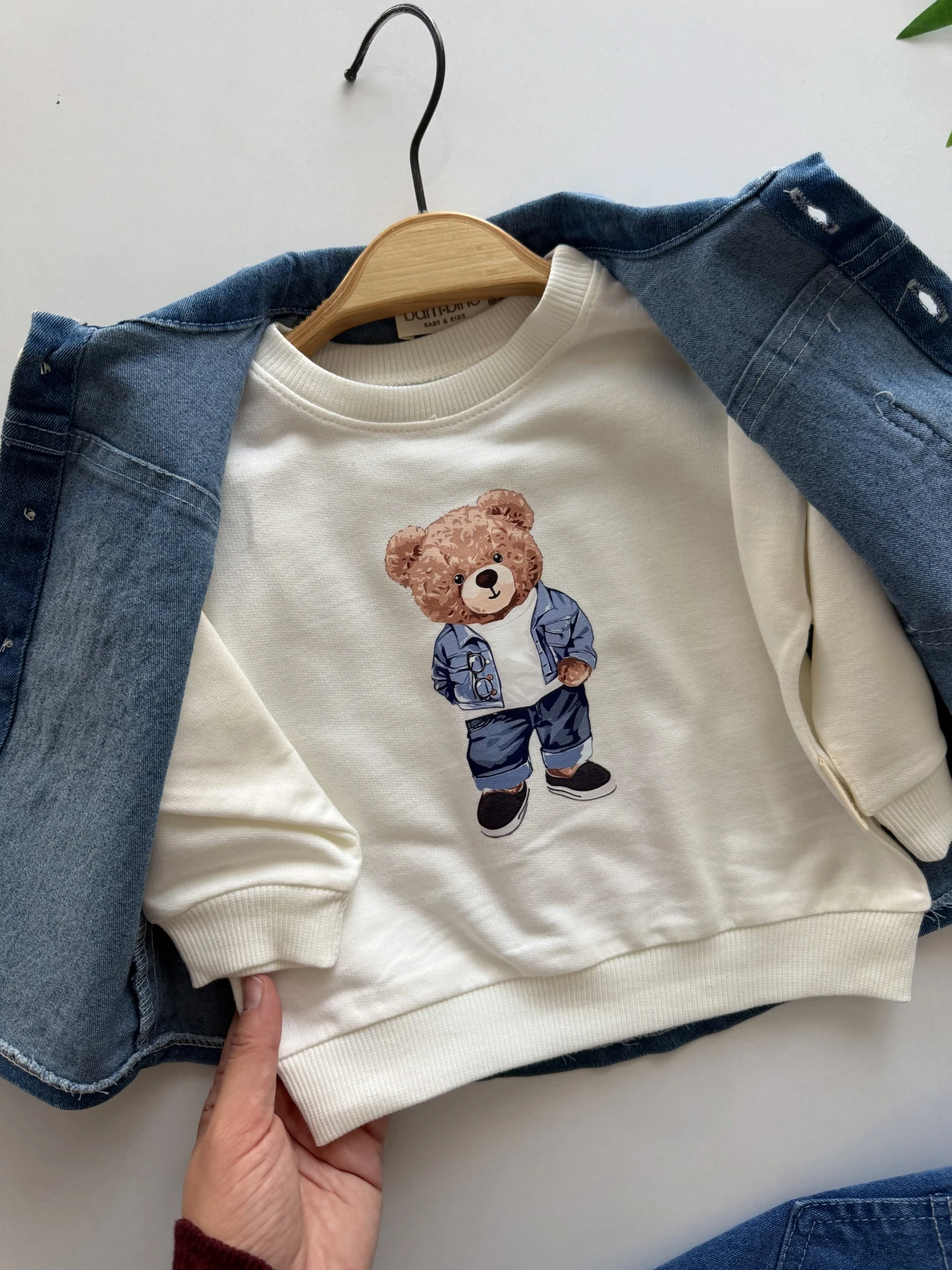 Teddy Sweatli Denim Kot Ceketli Pantalonlu 3’lü Takım