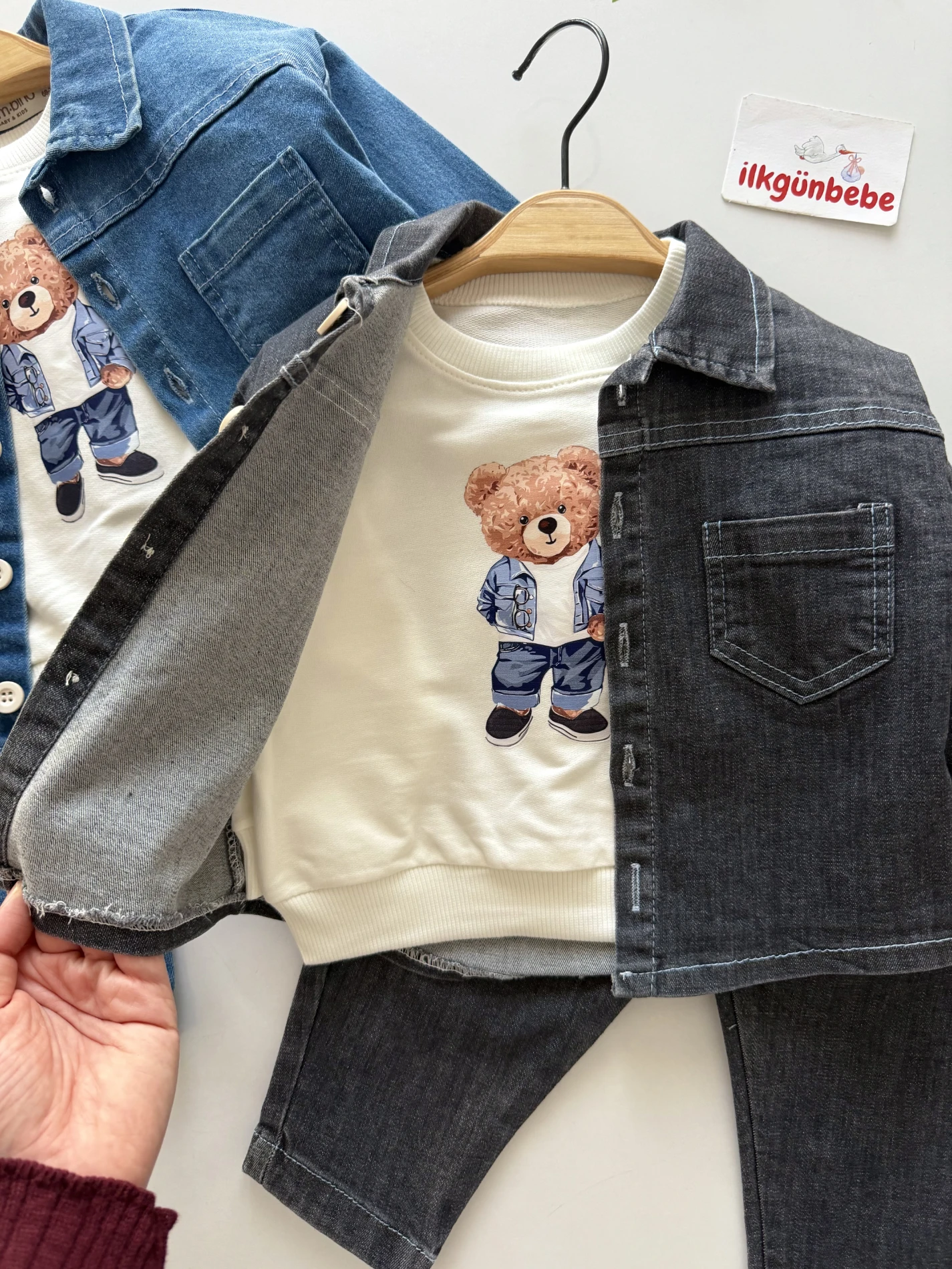Teddy Sweatli Denim Kot Ceketli Pantalonlu 3’lü Takım