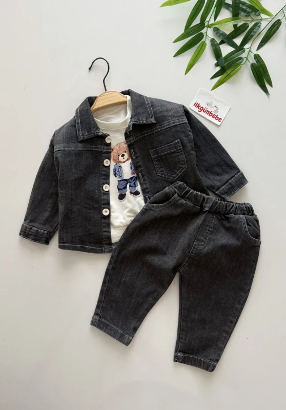 Teddy Sweatli Denim Kot Ceketli Pantalonlu 3’lü Takım
