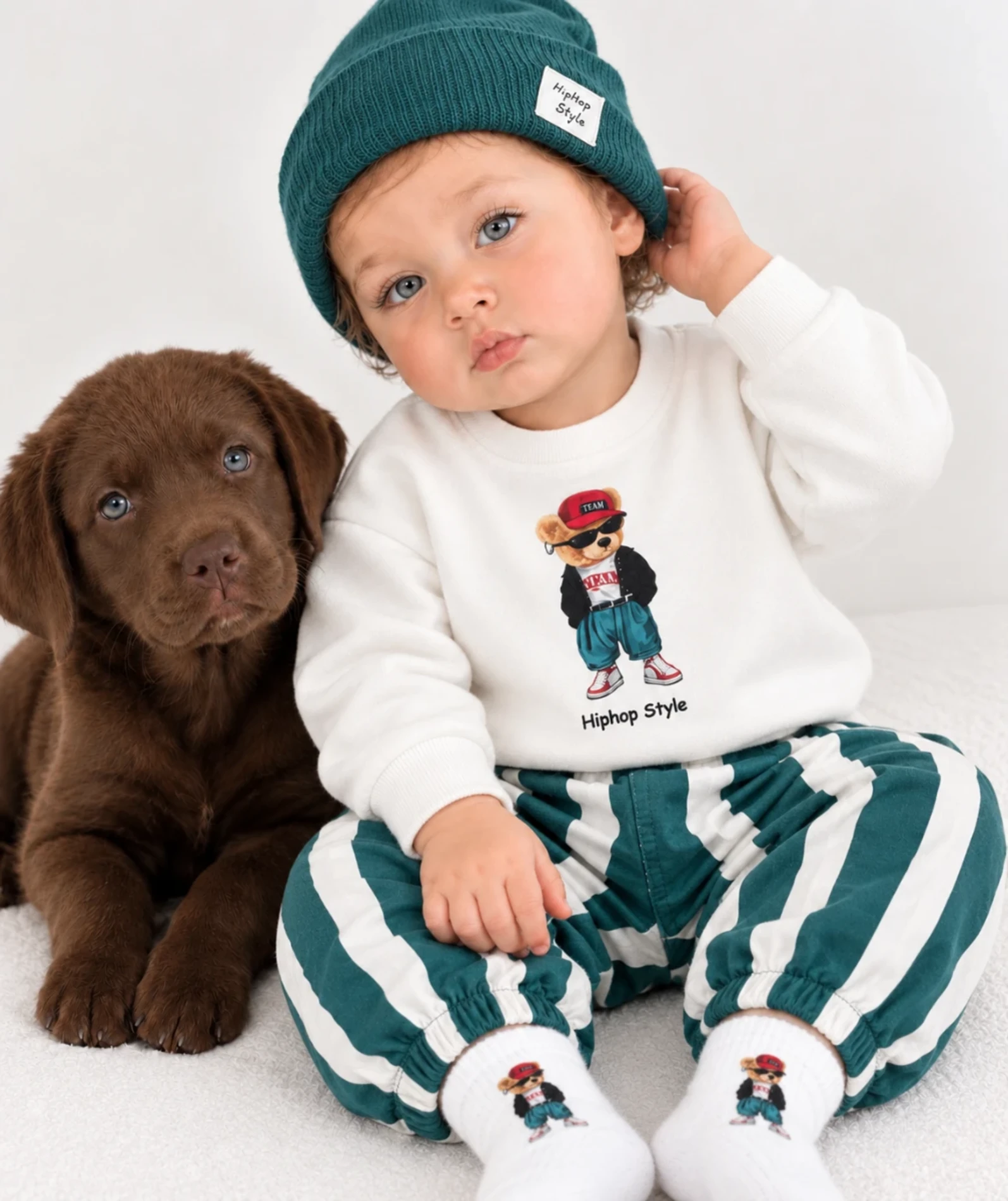 Hip-hop Teddy Desenli Çoraplı Bereli Pantolon %100 Pamuk 4’lü Takım