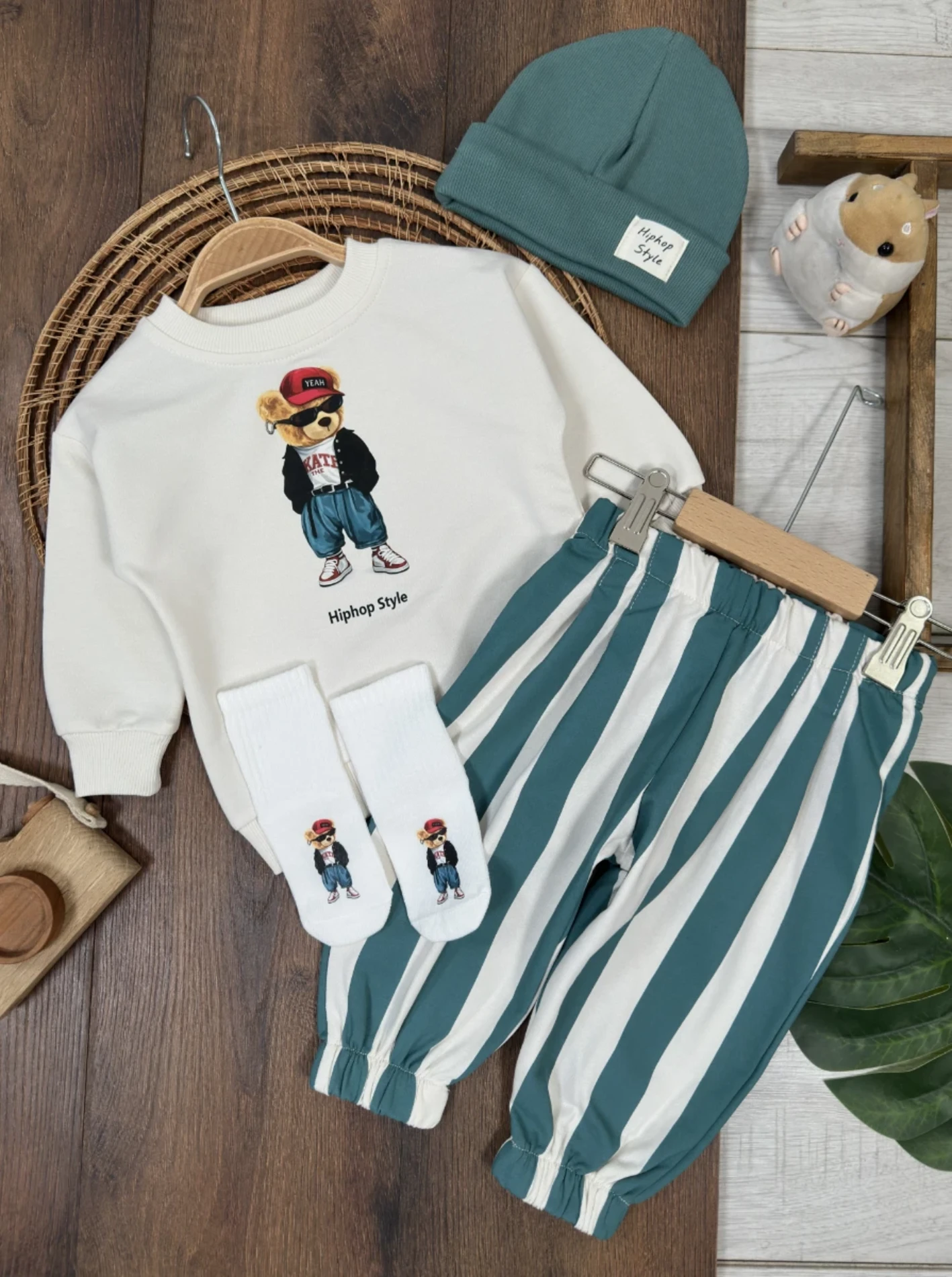 Hip-hop Teddy Desenli Çoraplı Bereli Pantolon %100 Pamuk 4’lü Takım