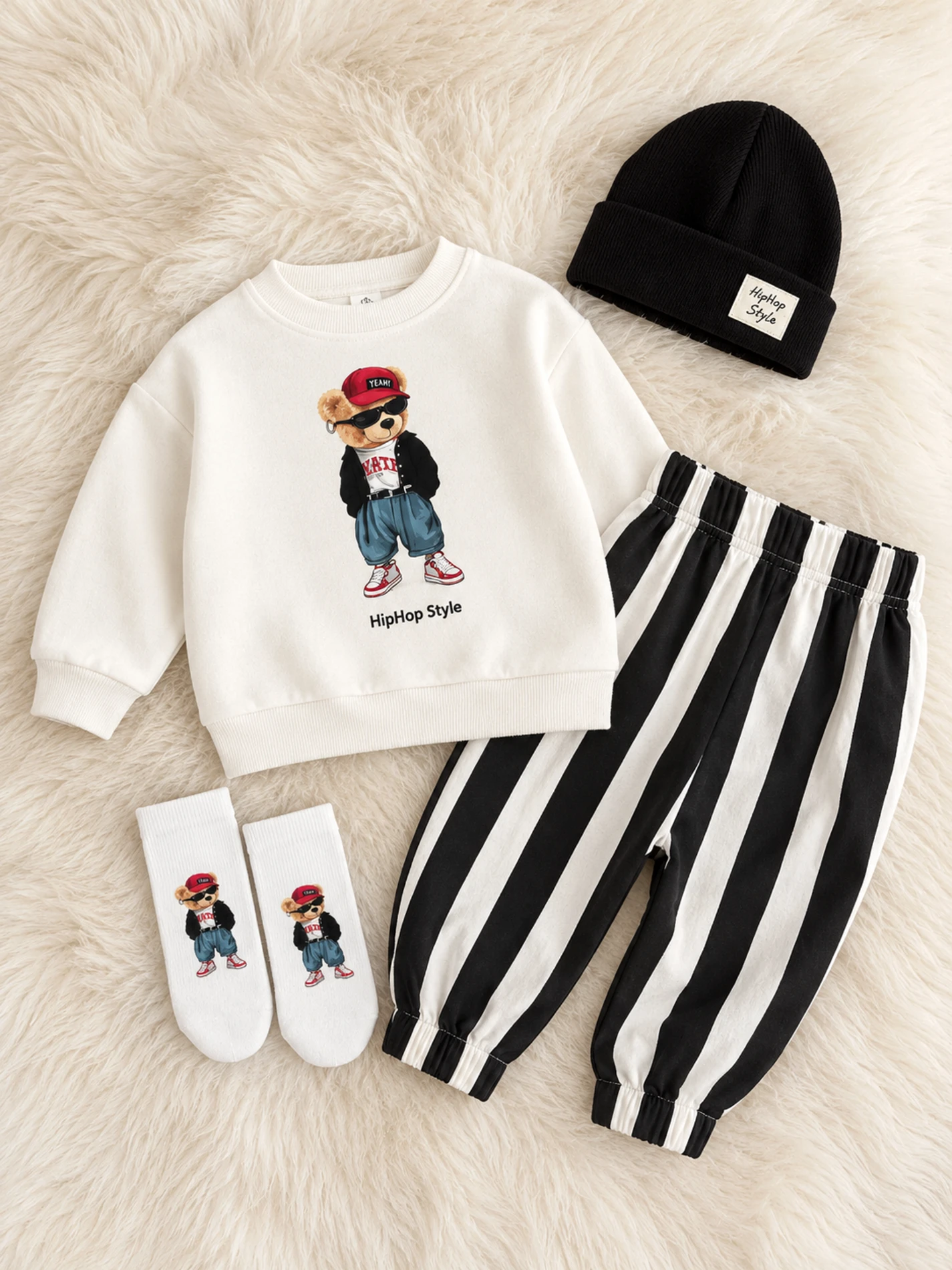 Hip-hop Teddy Desenli Çoraplı Bereli Pantolon %100 Pamuk 4’lü Takım