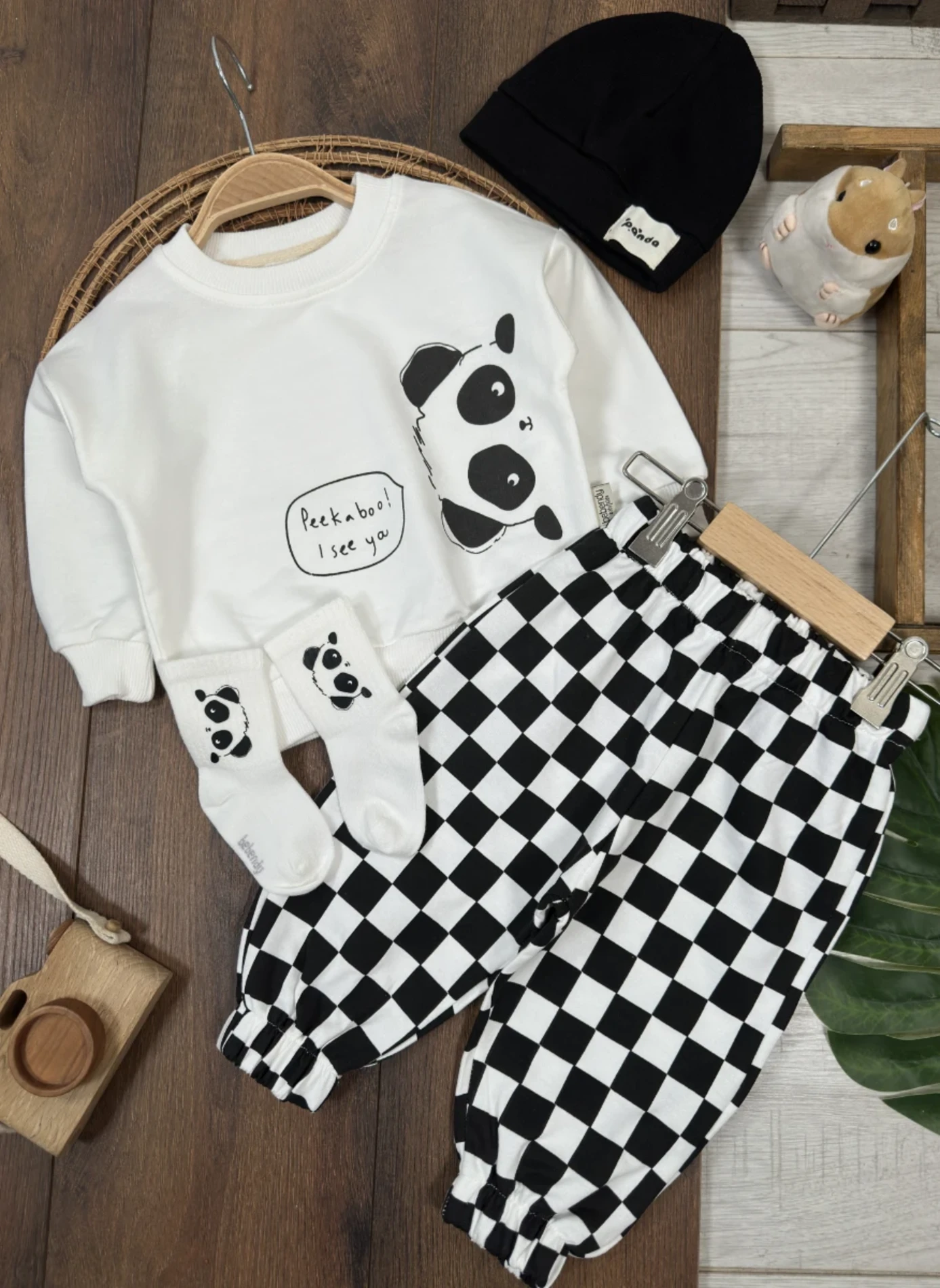 Panda Desenli Çoraplı Bereli Ekose Kareli Pantolon %100 Pamuk 4’lü Takım