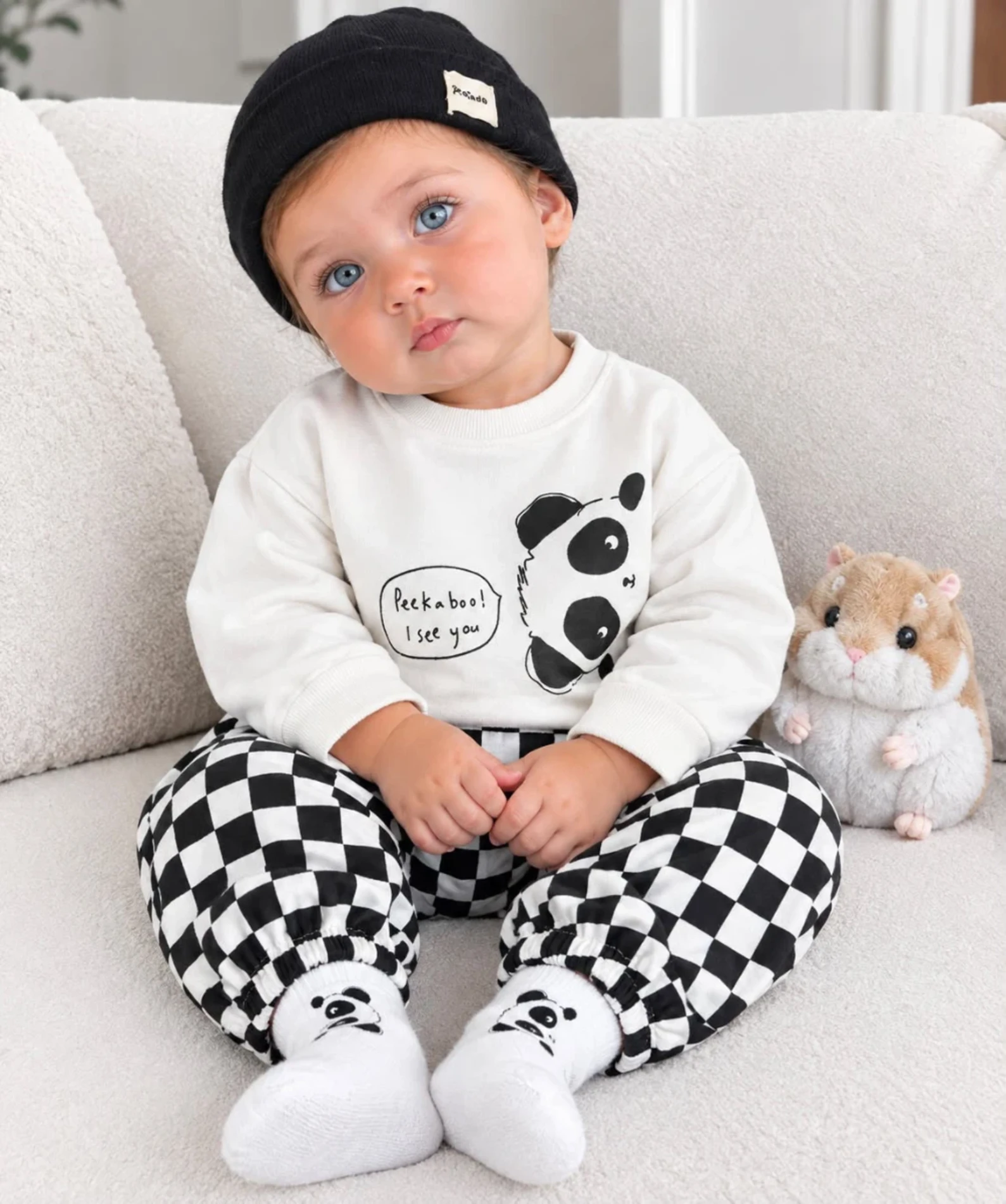 Panda Desenli Çoraplı Bereli Ekose Kareli Pantolon %100 Pamuk 4’lü Takım