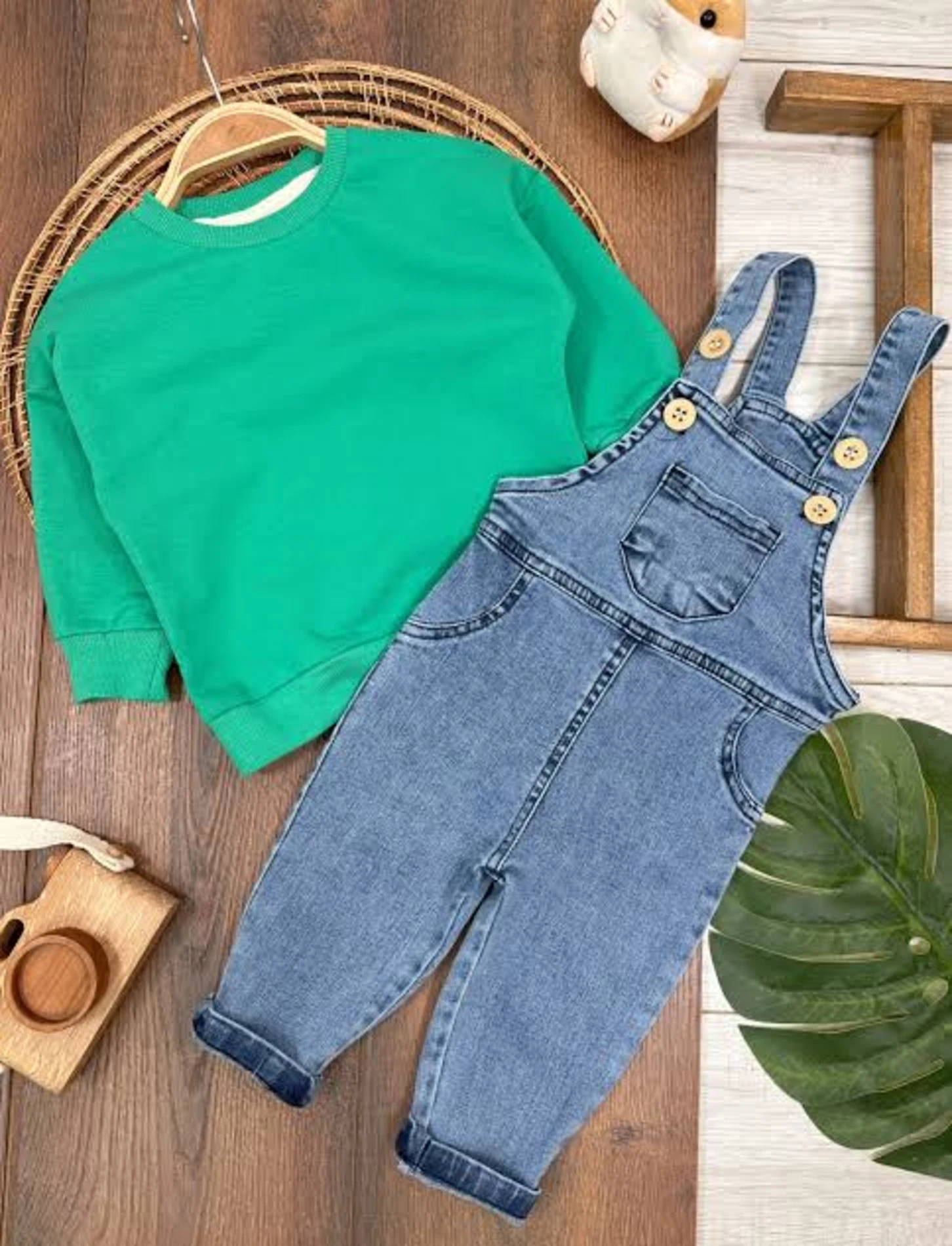Likralı Yumuşacık Denim Esnek Kot Salopetli Sweatli 2’li Cool Unisex Takım