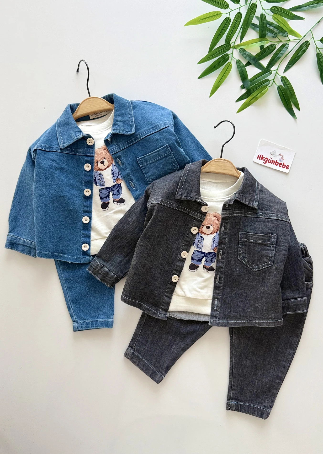 Teddy Sweatli Denim Kot Ceketli Pantalonlu 3’lü Takım