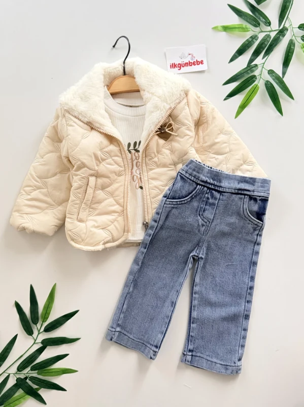 Peluş Montlu Kot Pantalonlu Bodyli 3’lü Takım