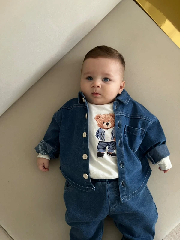Teddy Sweatli Denim Kot Ceketli Pantalonlu 3’lü Takım