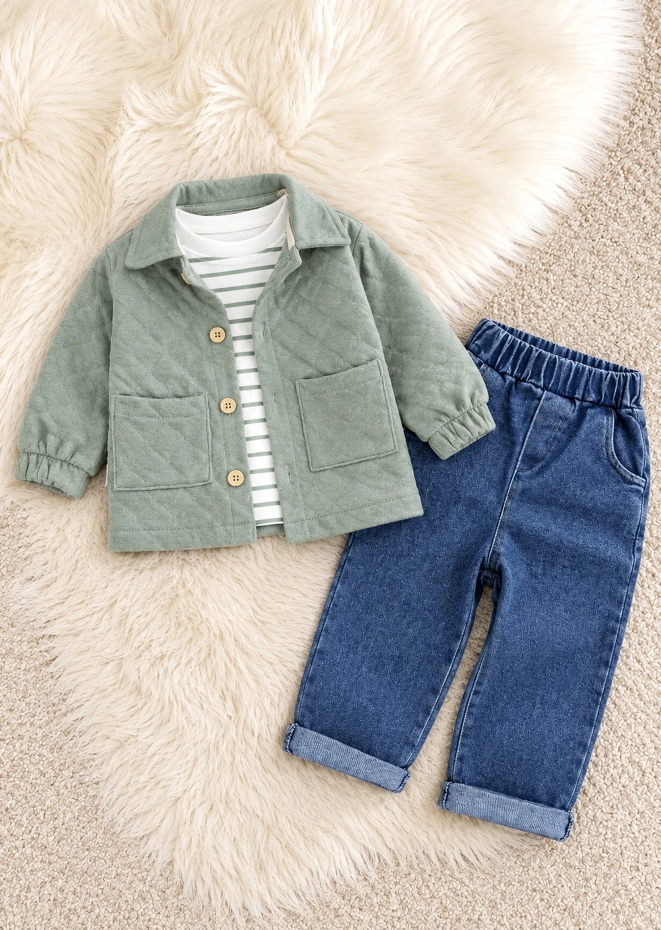Kapitone Ceketli Çizgili Sweatli Kot Pantalonlu 3’lü Takım