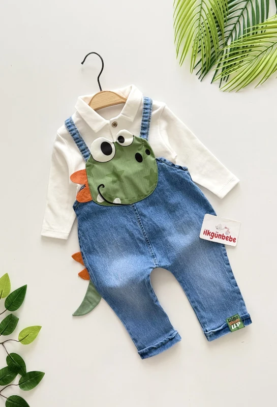 Dino Desenli Likralı Kot Salopetli & Bodyli Takım