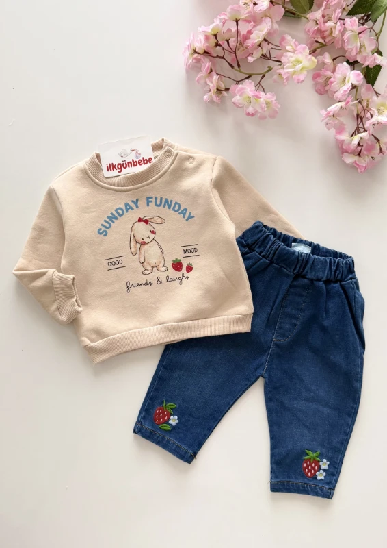 Sunday Funday  3 İp Şardonlu Rabbit %100 pamuk Kot Pantalonlu 2’li takım