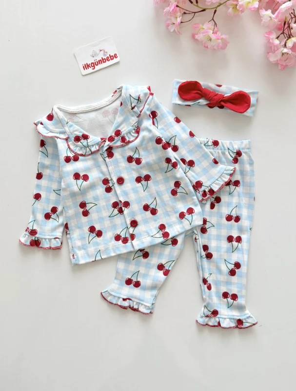 Kiraz Desenli  Bebe Yakalı Bandanalı  %100 Pamuk Pijama Takımı