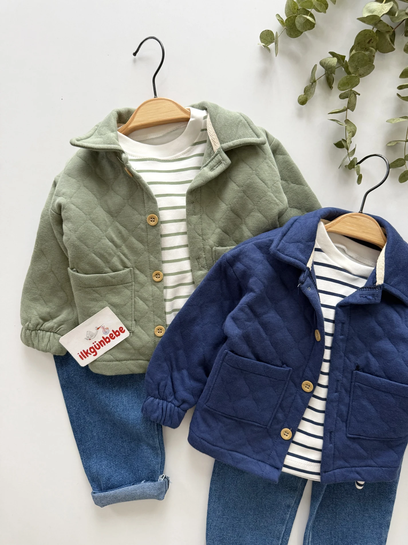 Kapitone Ceketli Çizgili Sweatli Kot Pantalonlu 3’lü Takım