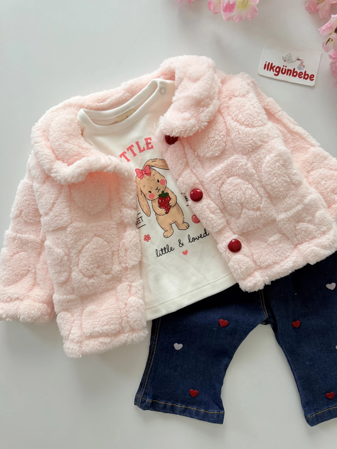 Little Rabbit Peluş Montlu Kalpli Kot Pantalonlu 3’lü Takım