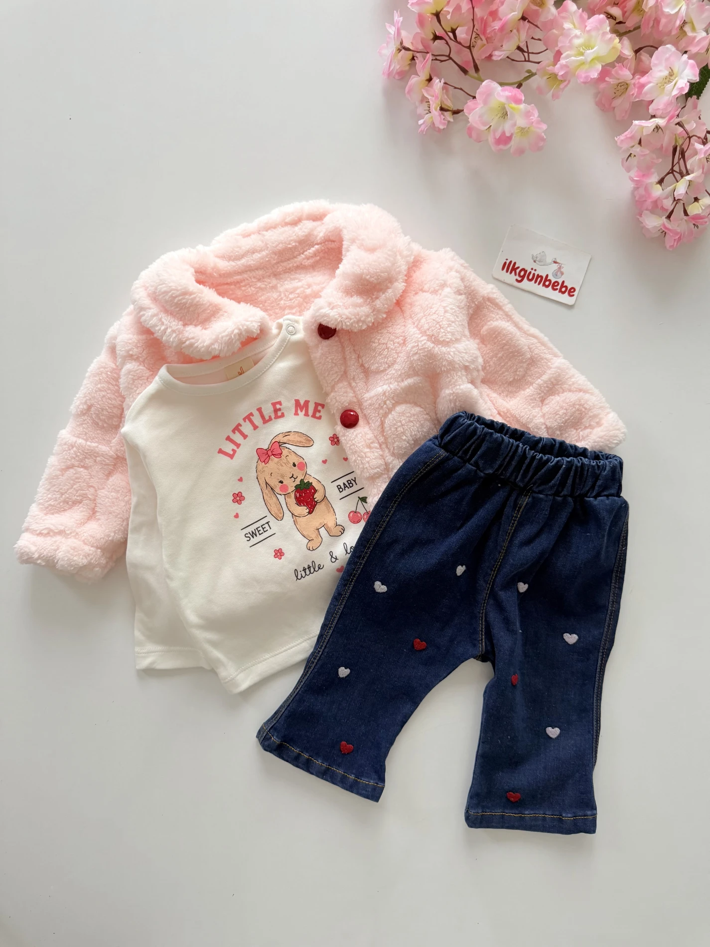 Little Rabbit Peluş Montlu Kalpli Kot Pantalonlu 3’lü Takım