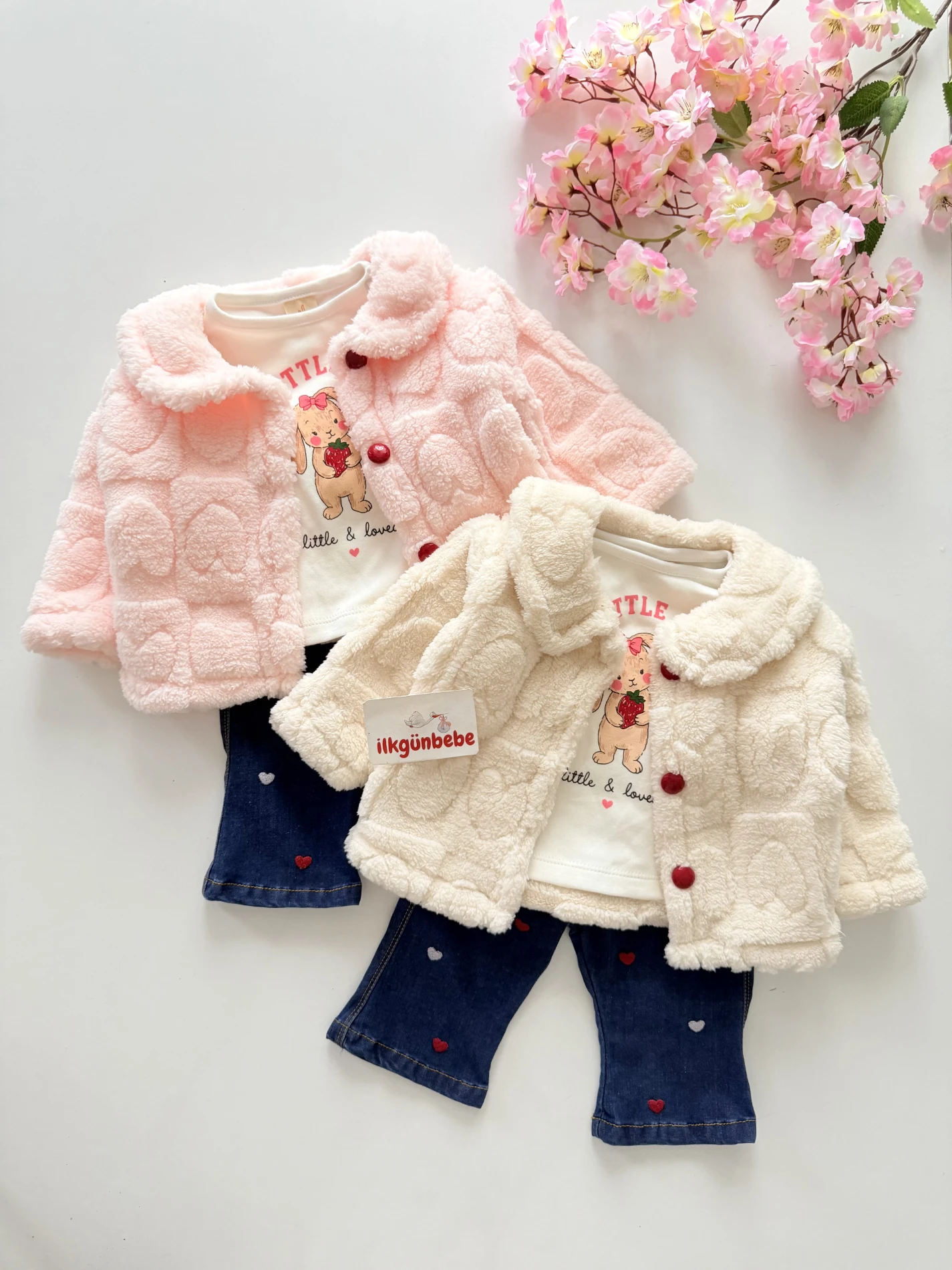Little Rabbit Peluş Montlu Kalpli Kot Pantalonlu 3’lü Takım