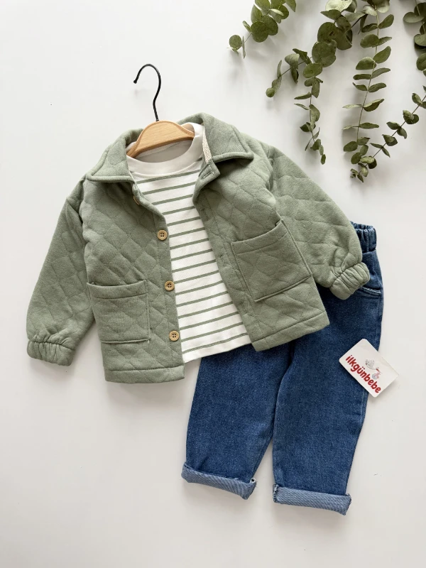 Kapitone Ceketli Çizgili Sweatli Kot Pantalonlu 3’lü Takım