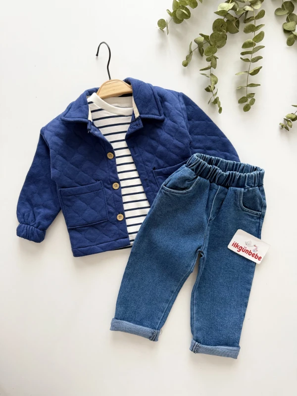 Kapitone Ceketli Çizgili Sweatli Kot Pantalonlu 3’lü Takım