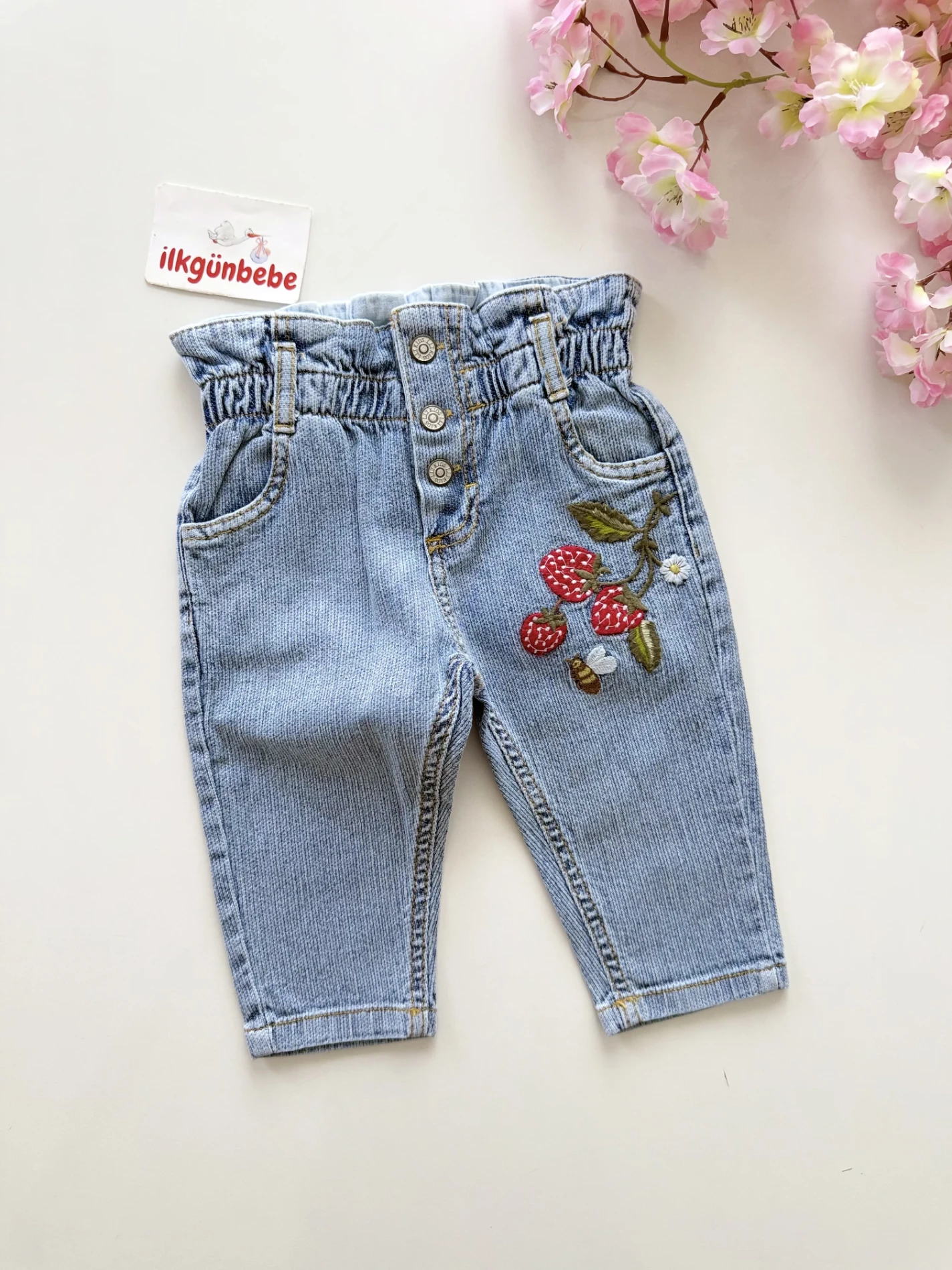 Çilekli Likralı Kot Jean Pantalon 