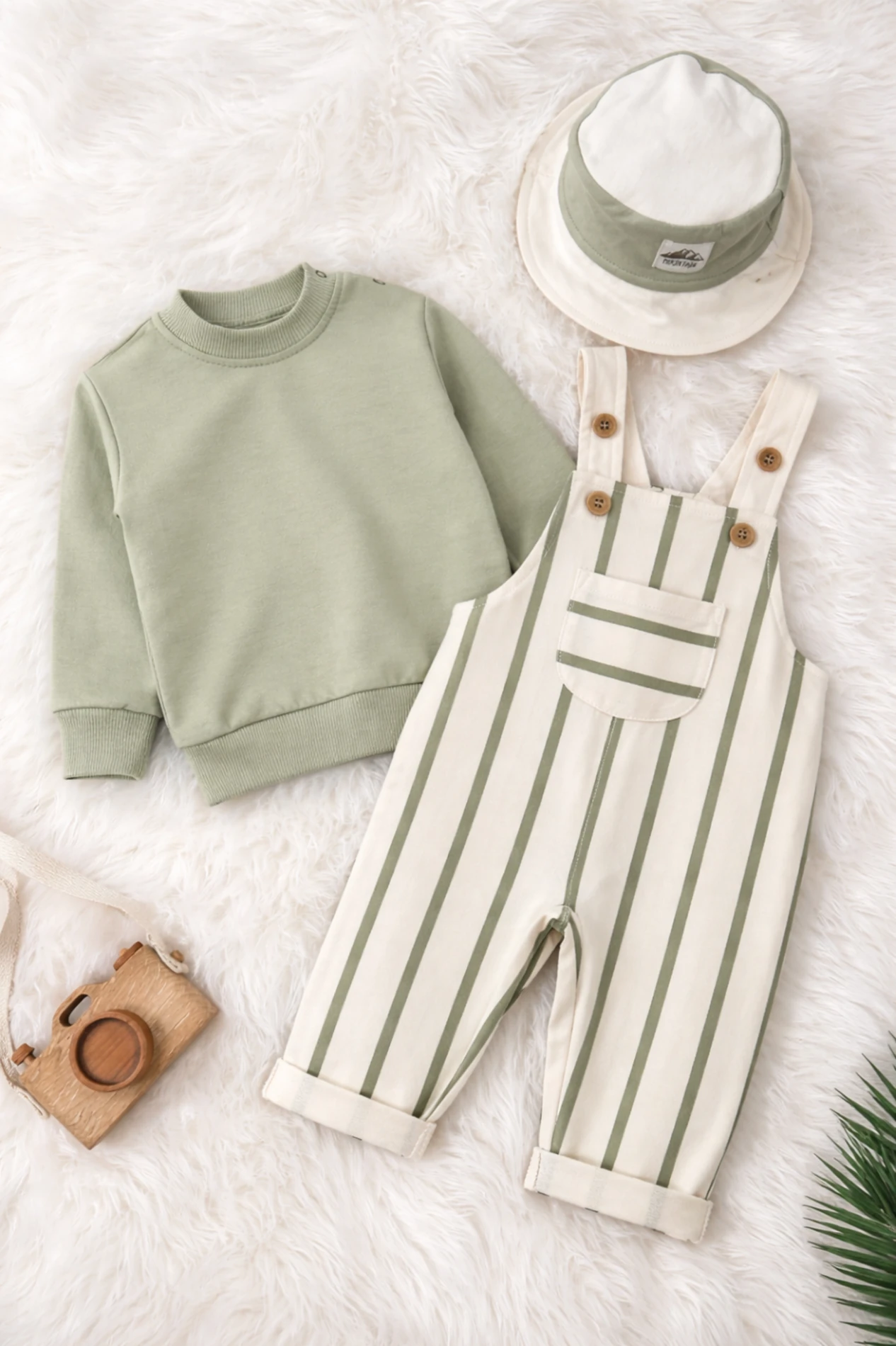 Çizgili  Şapkalı Omuzdan Çıtçıtlı Sweatshirt Salopet 3lü  Takım