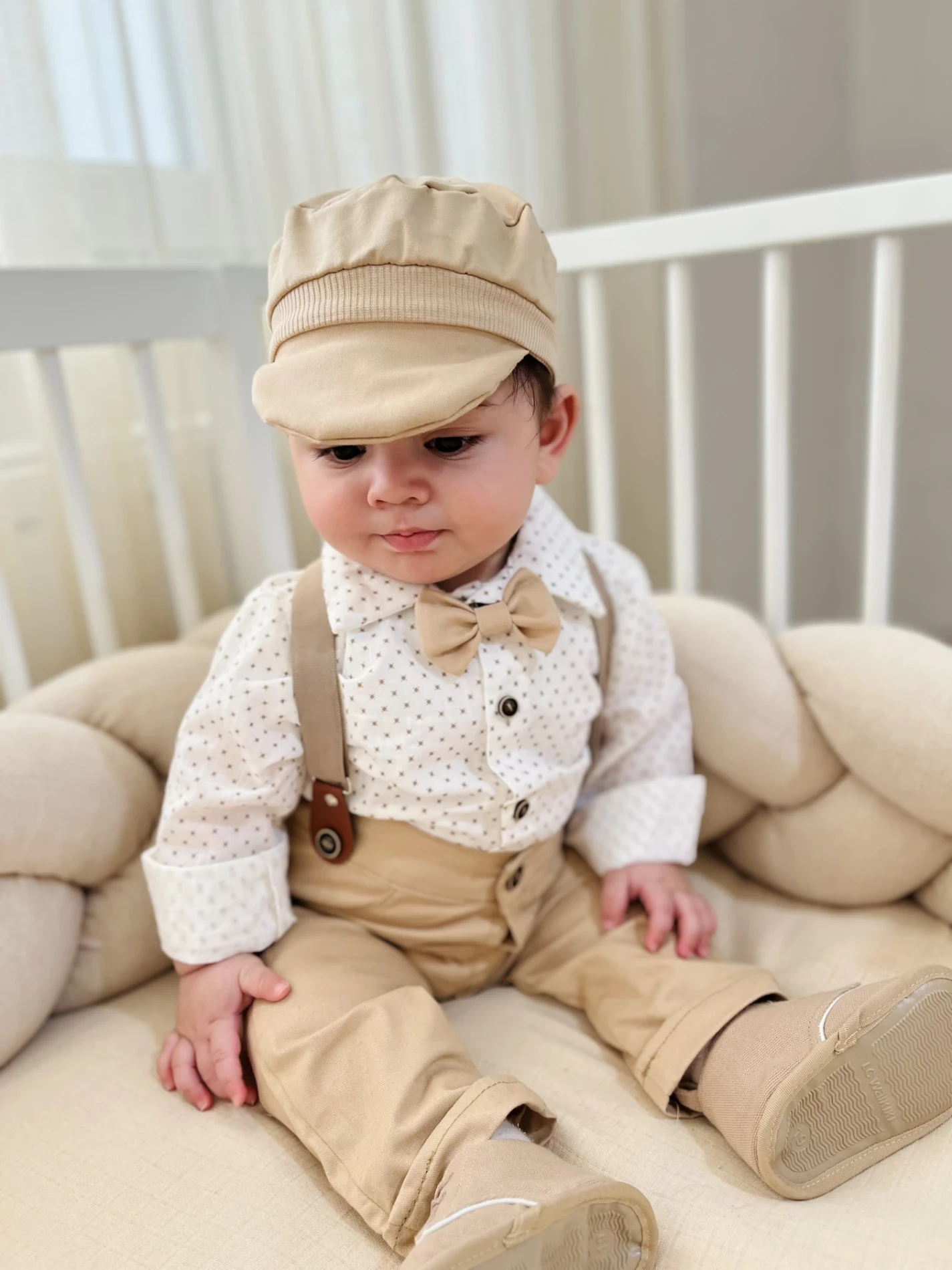 Gabardin Pantalon Keten Gömlekli Kasketli Askı Kemerli Papyonlu 5’li Premium Kalite Takım