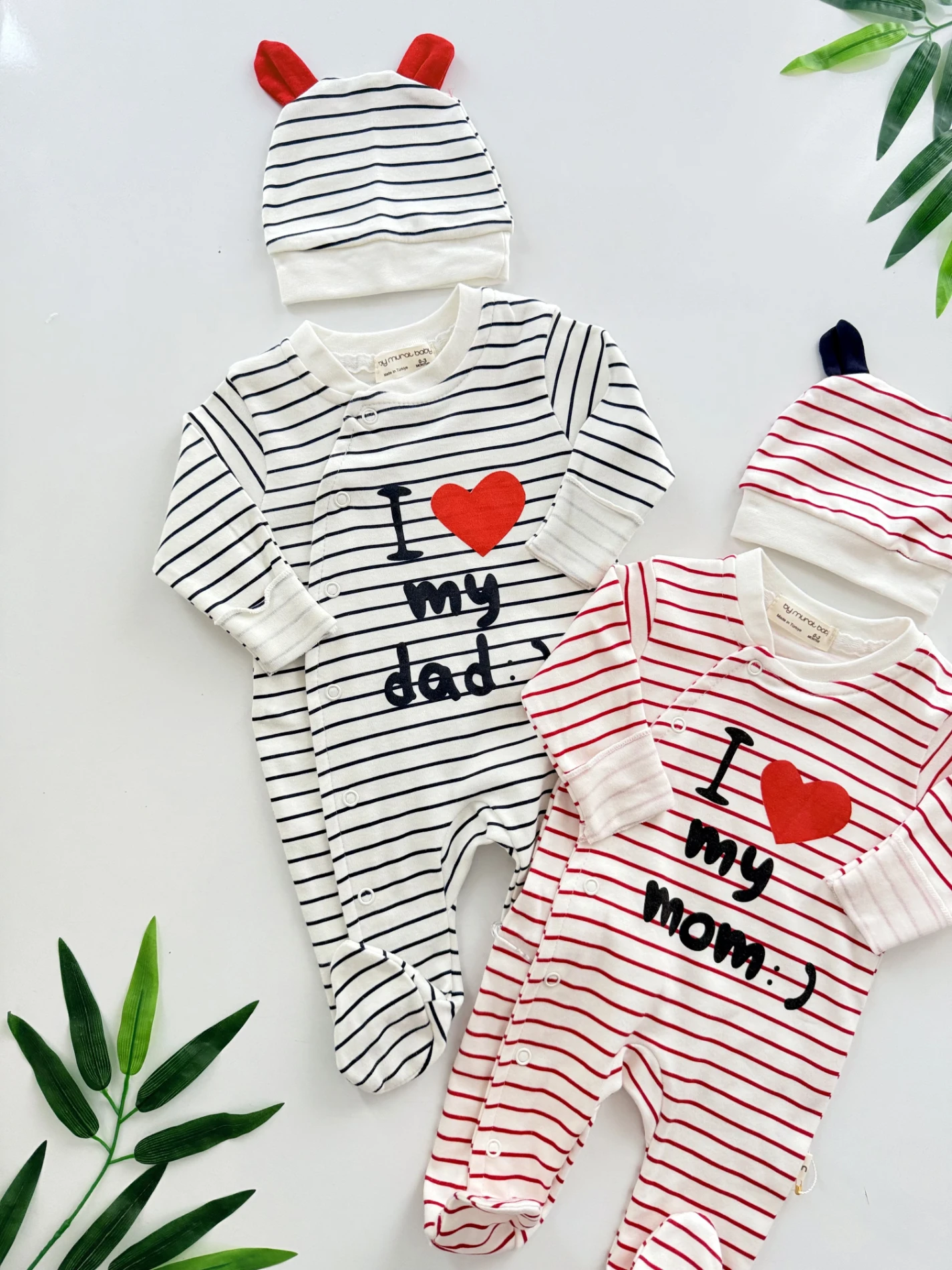 Love Mom & Daddy %100 Pamuk Şapkalı Tulum