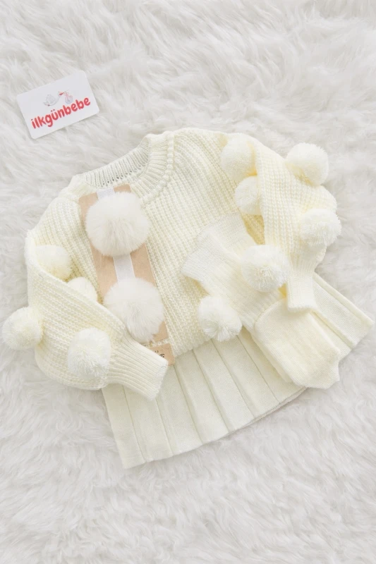 Selanik Örgüsü Kumaşlı Ponpon  Detaylı Bandanalı Triko Etekli 3’lü  Takım