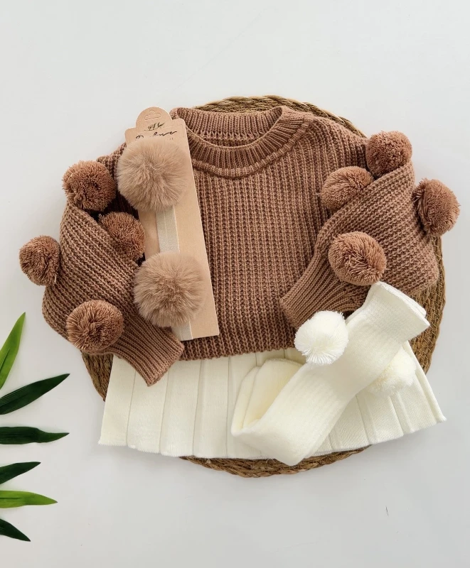 Selanik Örgüsü Kumaşlı Ponpon  Detaylı Bandanalı Triko Etekli 3’lü  Takım