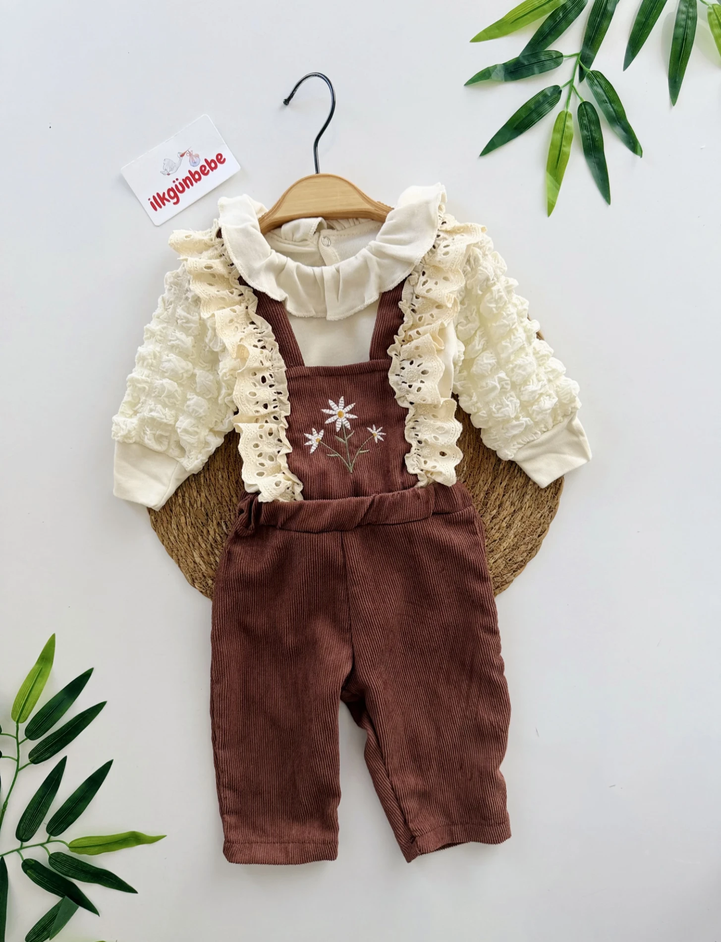 Vintage Papatya Nakışlı Kadife Salopet & Badi Takım