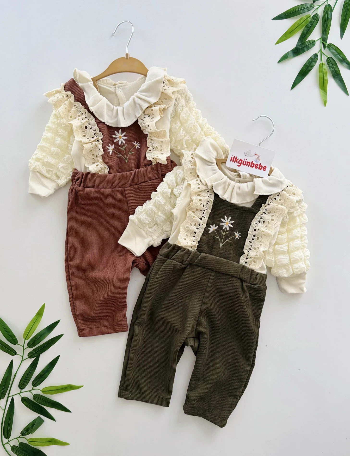 Vintage Papatya Nakışlı Kadife Salopet & Badi Takım