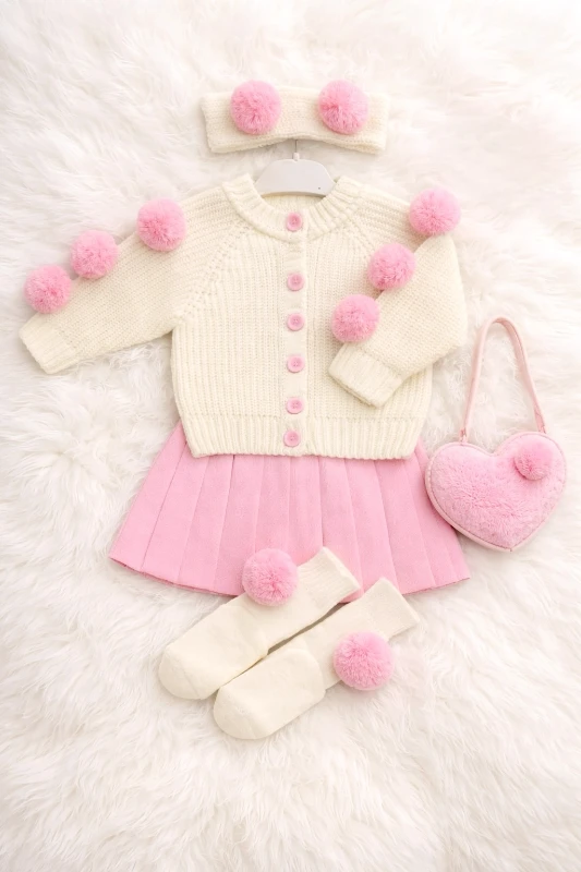 Ponponlu Selanik Örgüsü Hırkalı Triko Etekli Bandana & Çorap 4’lü Set