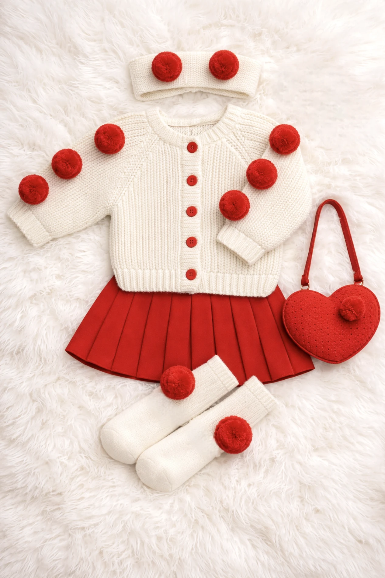 Ponponlu Selanik Örgüsü Hırkalı Triko Etekli Bandana & Çorap 4’lü Set