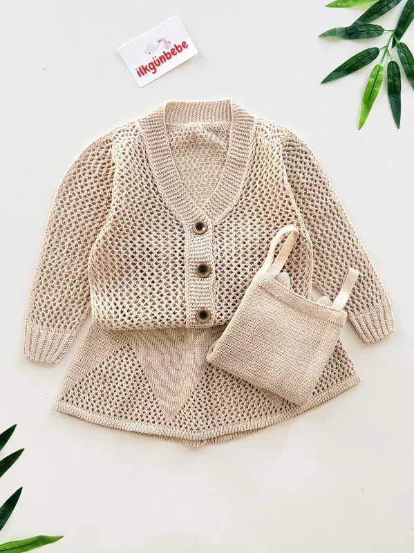 Ajurlu Fileli 3 Parça Etek Hırka & Askılı Badi Takım